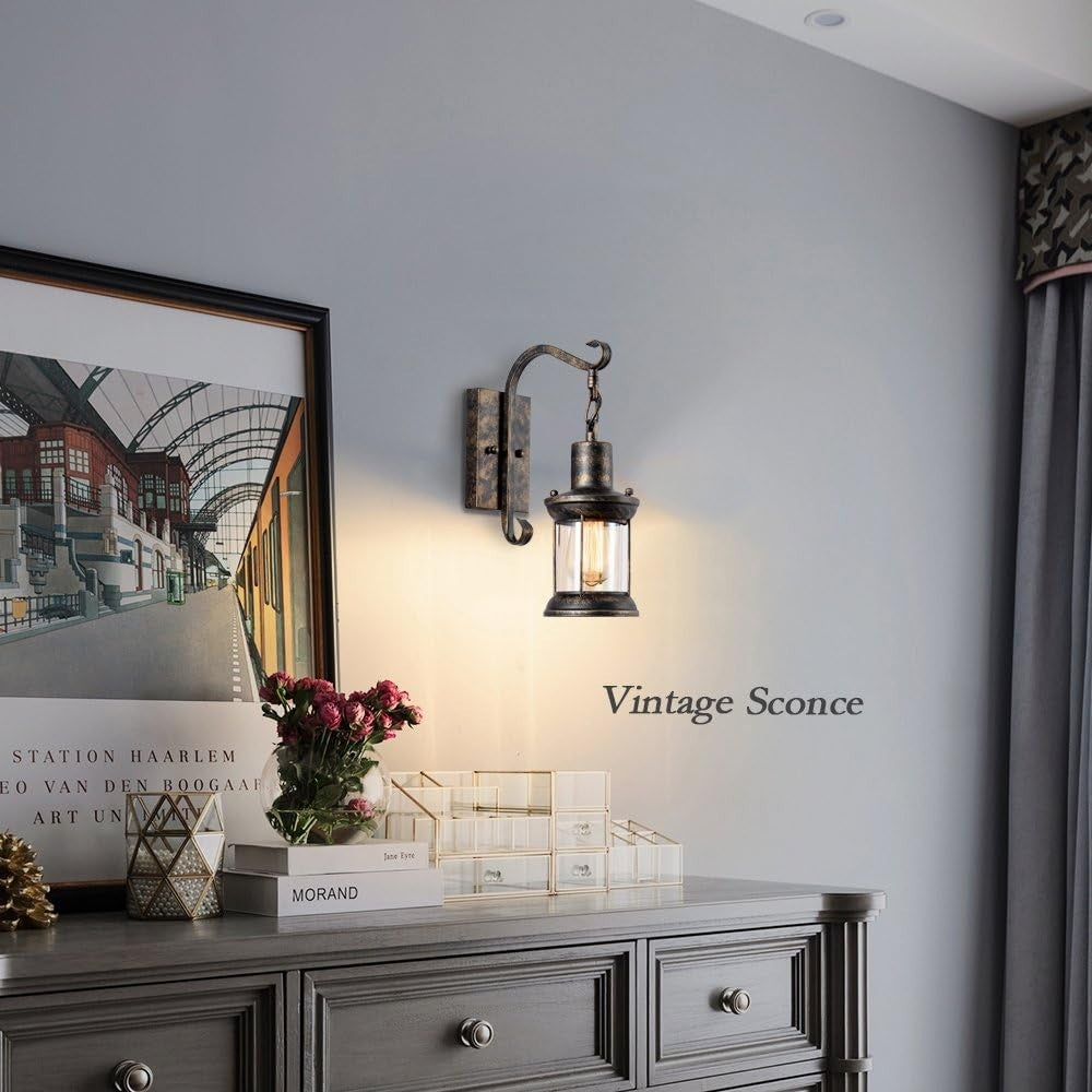 Vintage Wall Light Set of 2, Industrial Sconce with Glass Shade, Bronze Finish