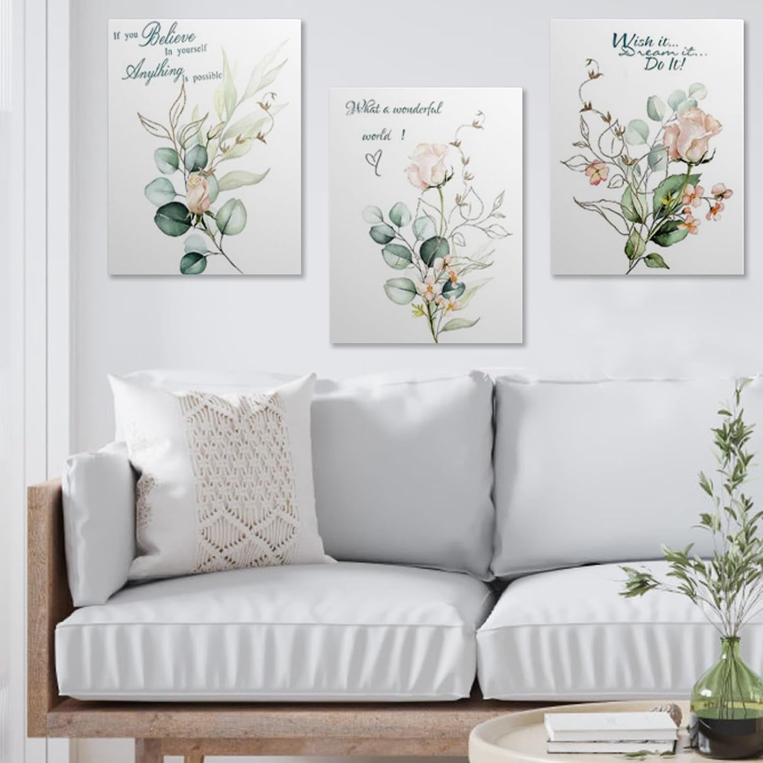 Green Botanical Wall Art Set of 3 Framed Canvas 12x16in