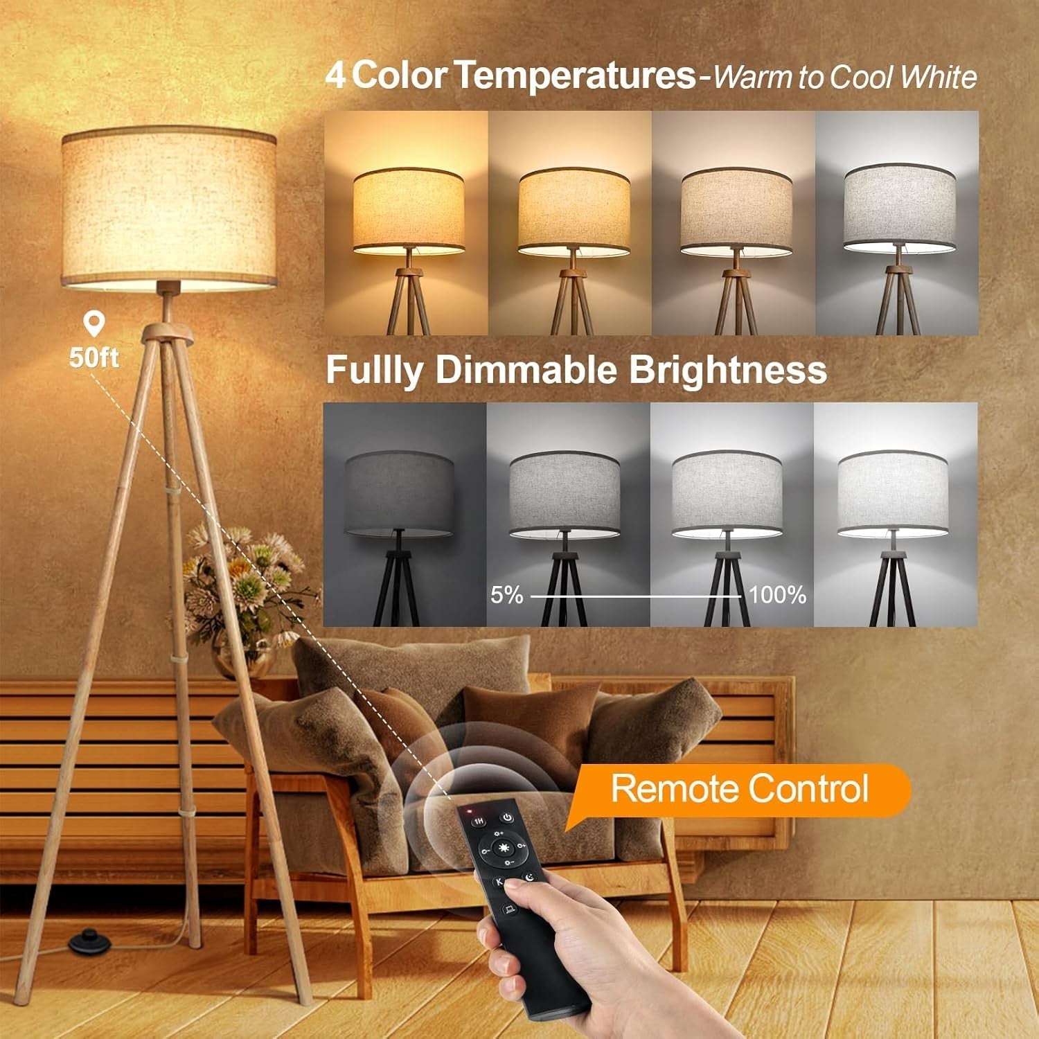 Wooden Tripod Floor Lamp Dimmable LED with Remote Linen Shade 160cm