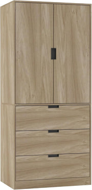 Oak 2 Door Wardrobe 3 Drawer Storage Unit with Rail | Modern 180cm Tall