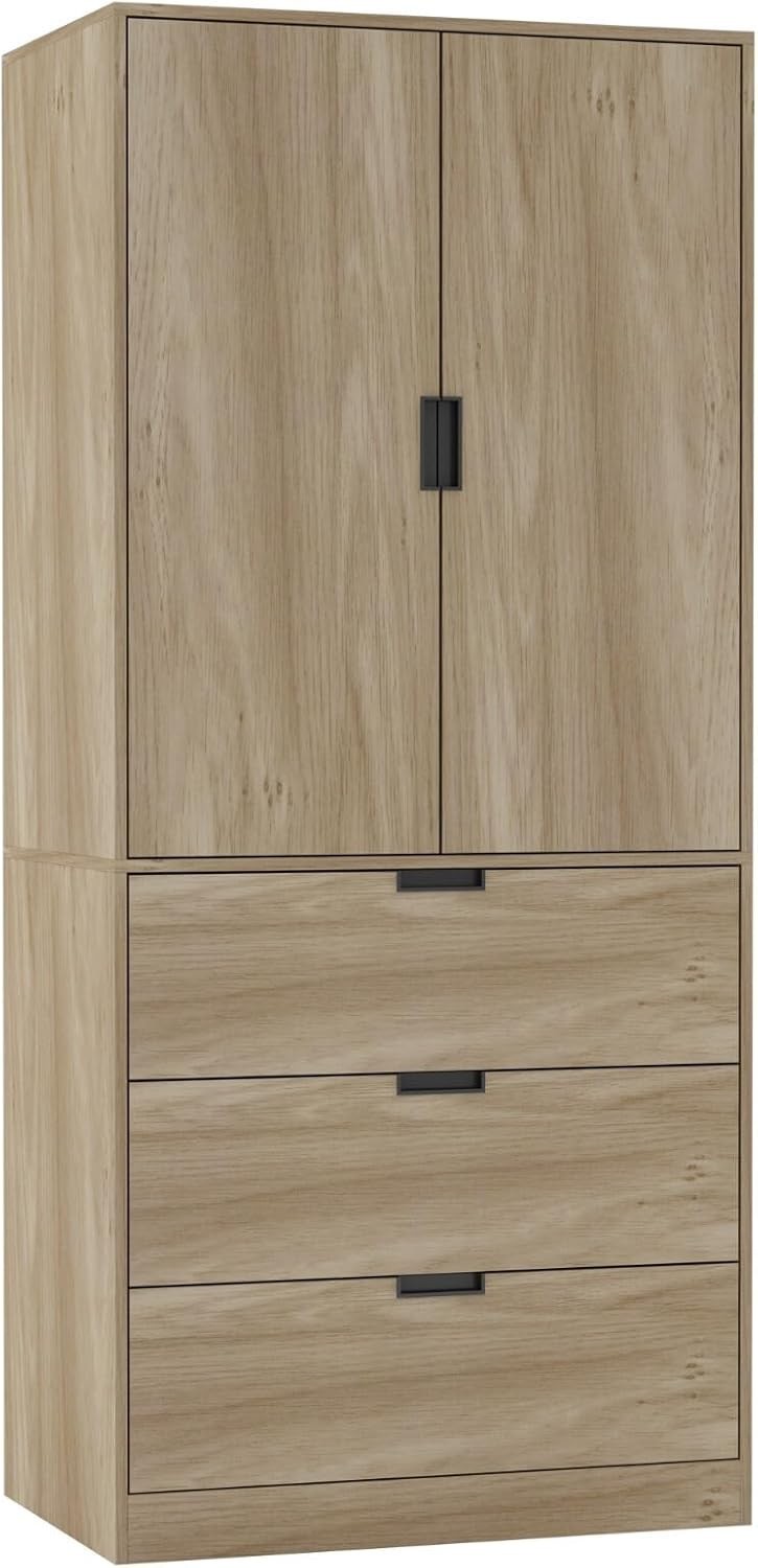 Oak 2 Door Wardrobe 3 Drawer Storage Unit with Rail | Modern 180cm Tall