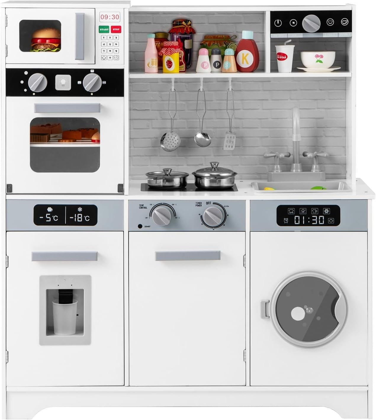 Kids Wooden Play Kitchen Lights Sounds Coffee Maker Laundry Set