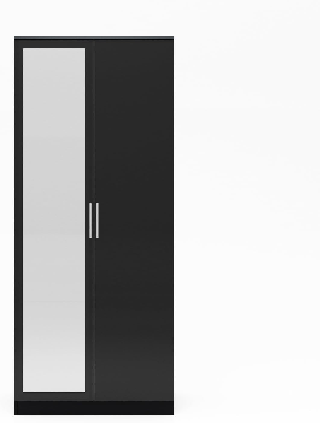 Black Gloss 2 Door Wardrobe Mirror Soft Close Storage Rail Shelves