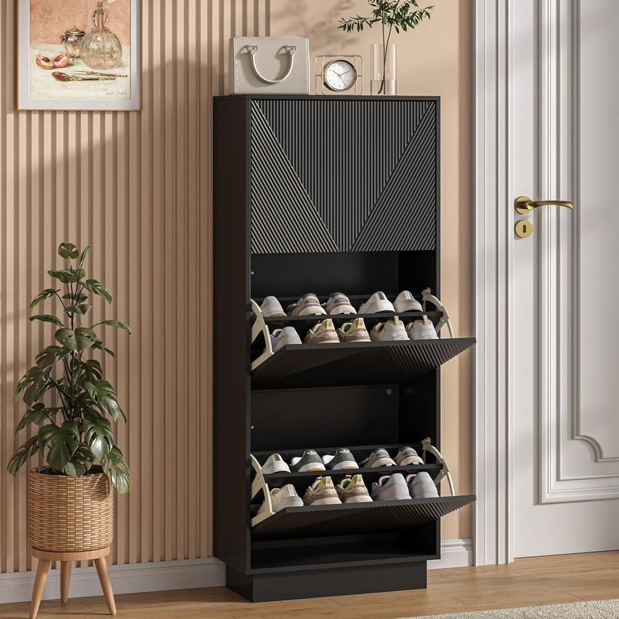 Black Slim Shoe Cabinet Storage | 3 Flip Drawers, 131cm, Anti-Tip Design