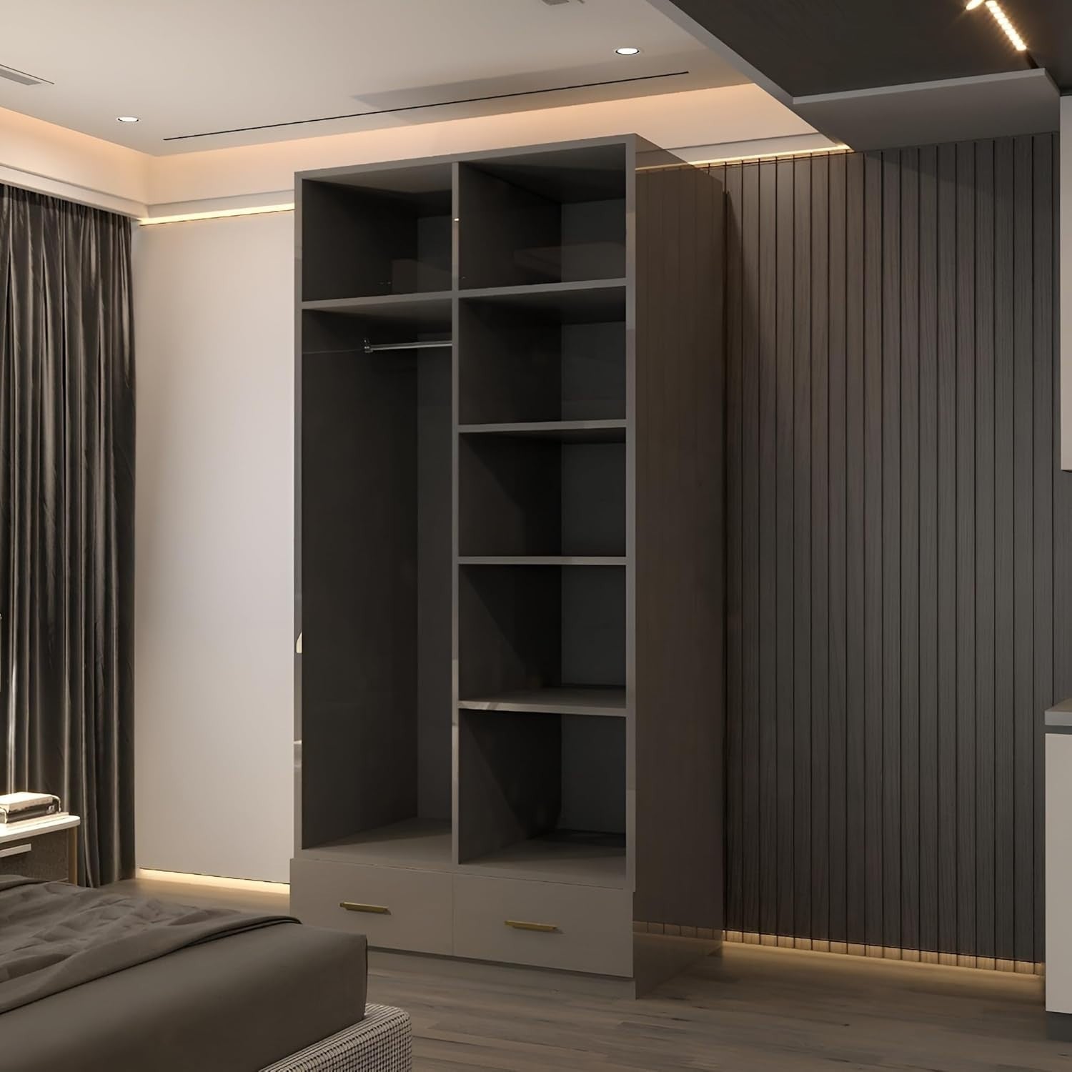 90cm Grey High Gloss Wardrobe with Mirror, Drawers & Hanging Rail Storage