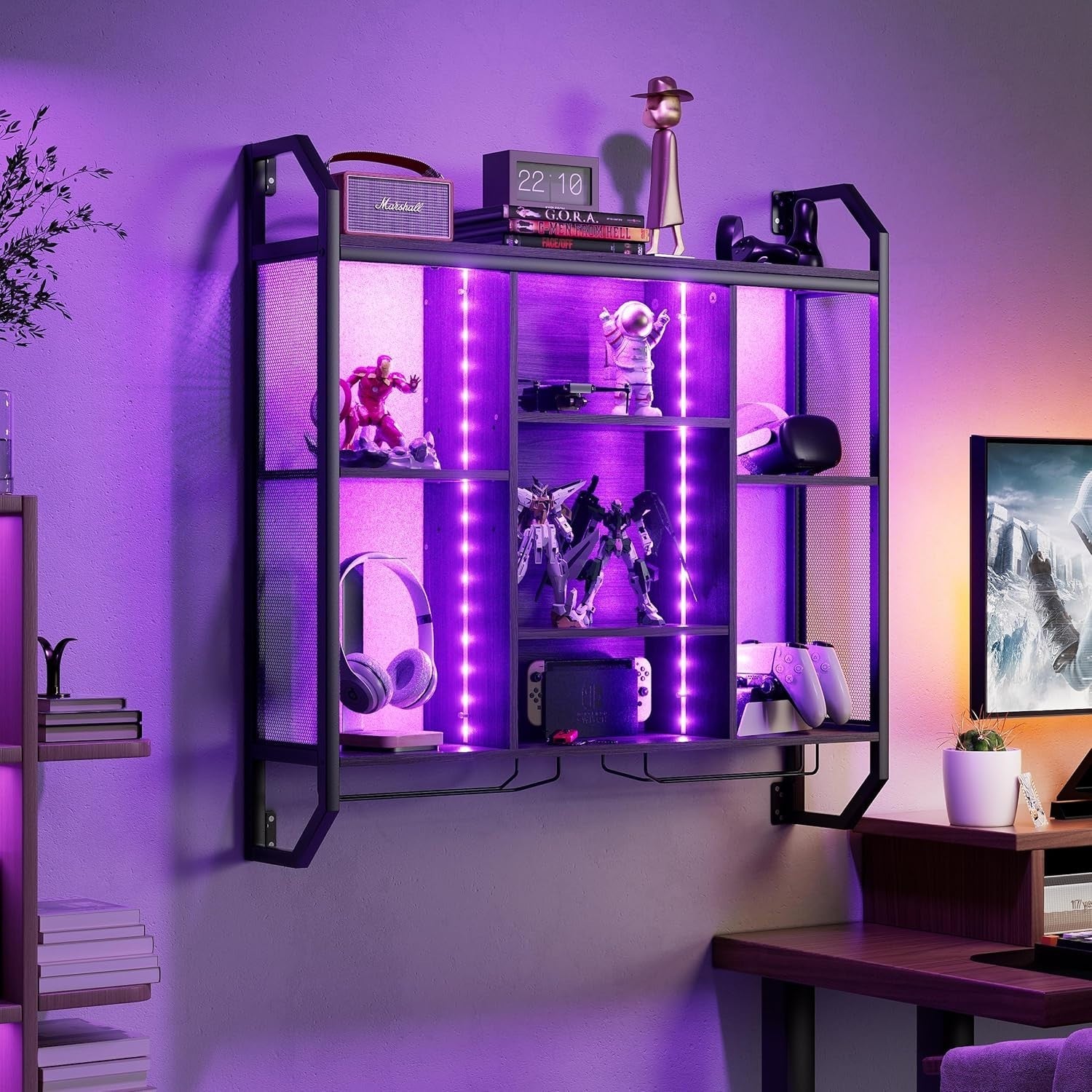 Wall Mounted LED Wine Rack Bar Shelf with Glass Holder Modern Metal Display
