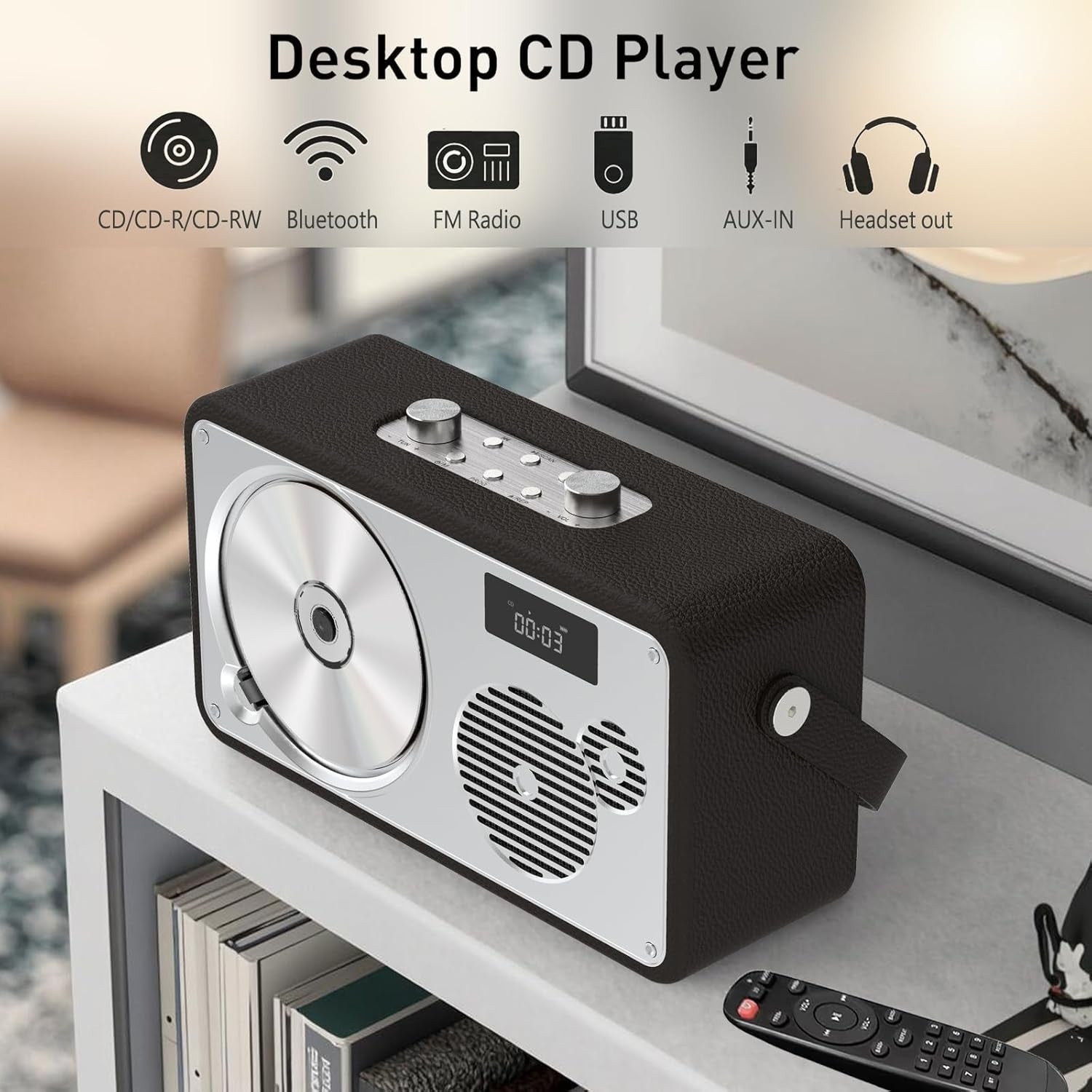 Retro Portable CD Player Bluetooth Boombox USB AUX Battery Remote LP103