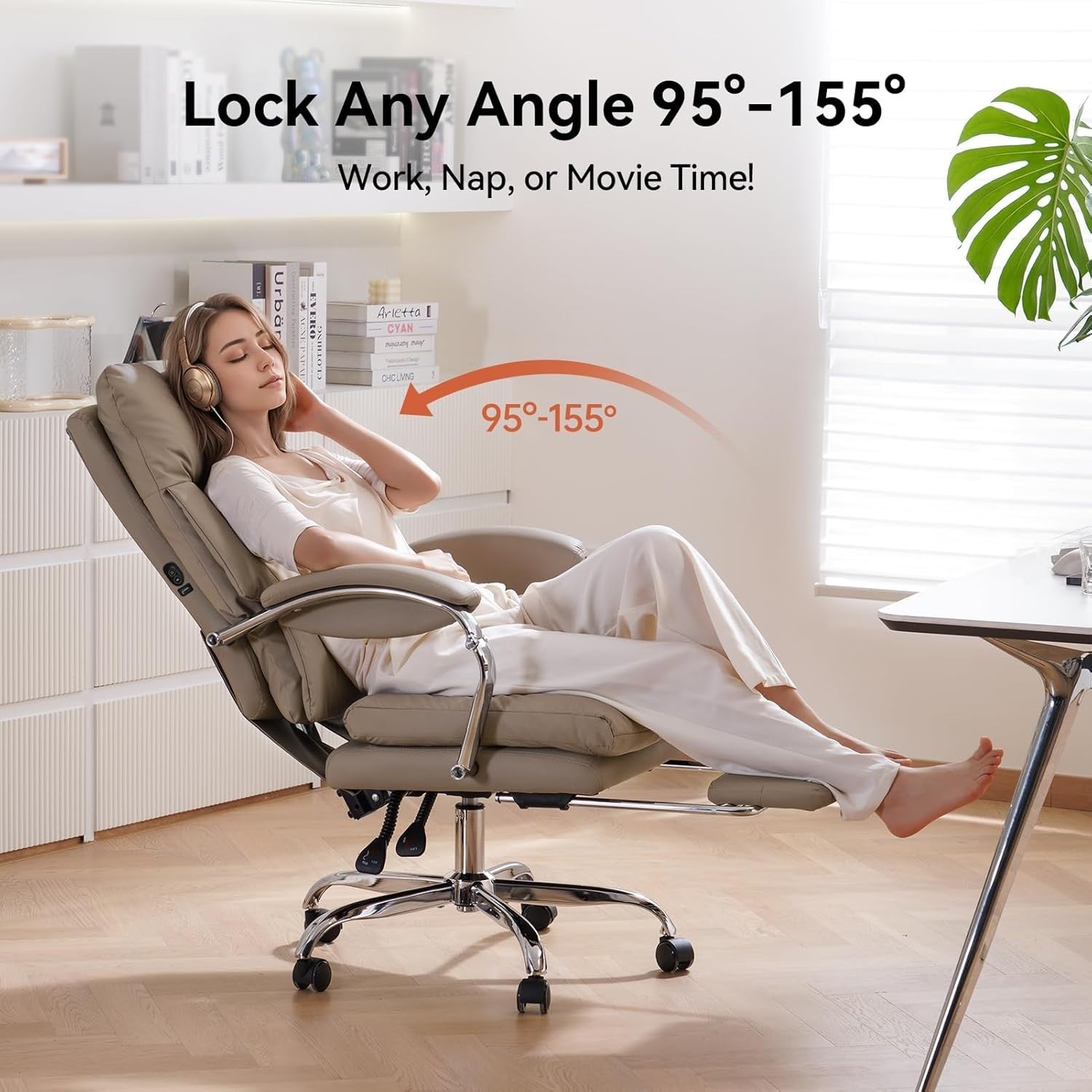 Heated Massage Office Chair Recliner Footrest Ergonomic High Back Khaki