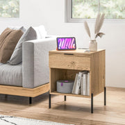 Bedside Table with Charging Station, Drawer & Metal Legs – Natural Wood