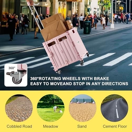 Folding Utility Cart Rolling Crate Trolley Lid Basket 360° Wheels Pink