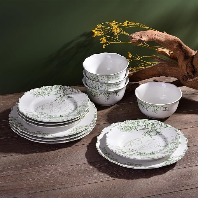 12pc White Green Porcelain Dinnerware Set Floral Plates Bowls Service for 4