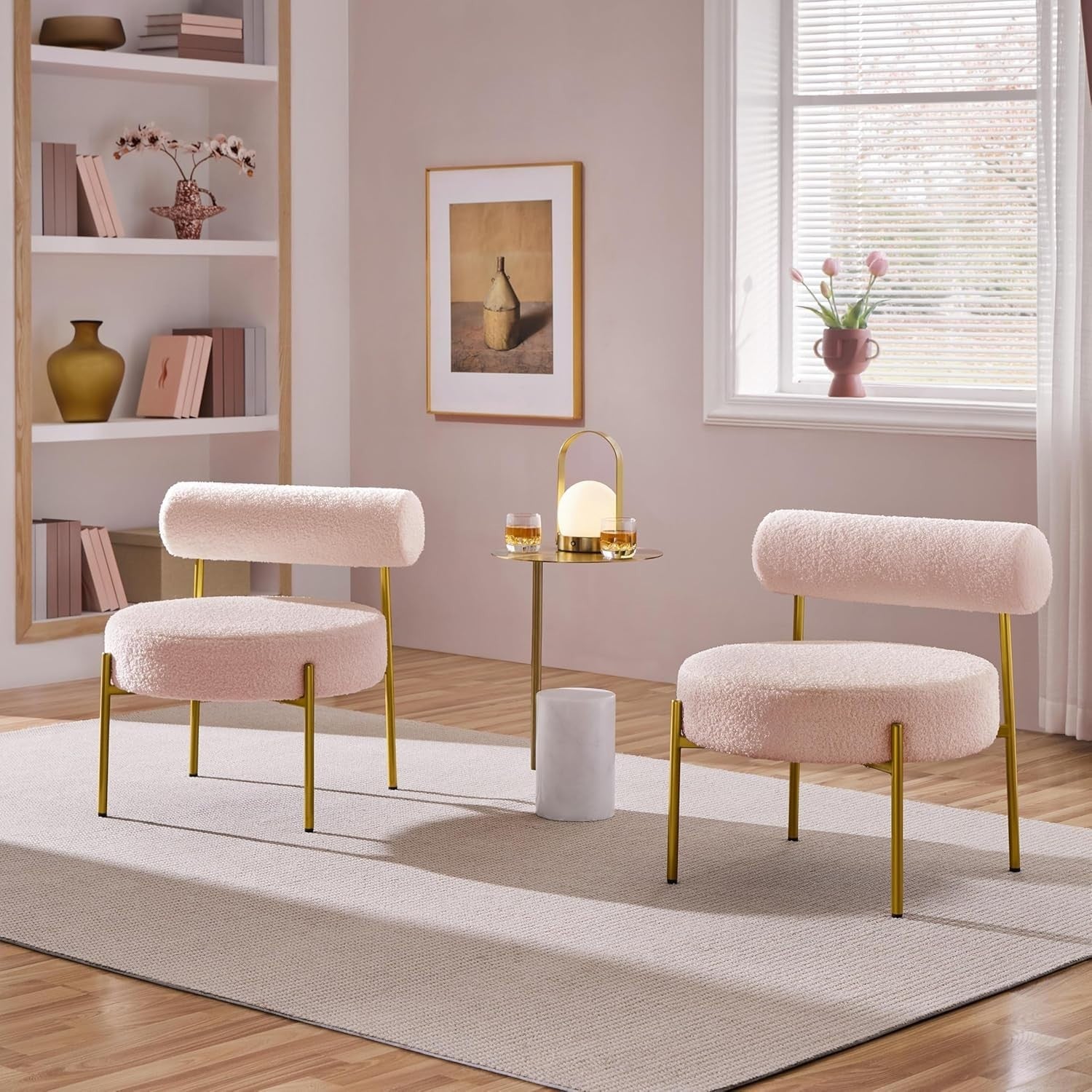 Pink Bouclé Tub Chair Cozy Sherpa Barrel Seat w/ Gold Legs for Bedroom & Vanity