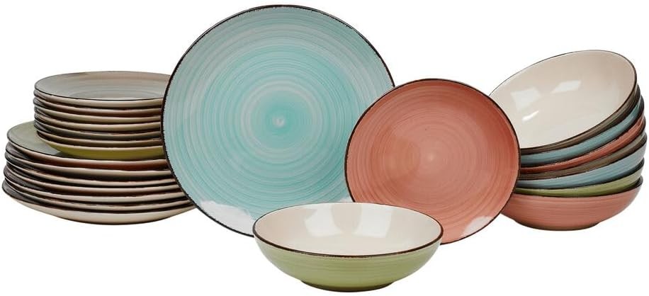 24 Piece Stoneware Dinnerware Set Plates Bowls Assorted Colours Dishwasher Safe