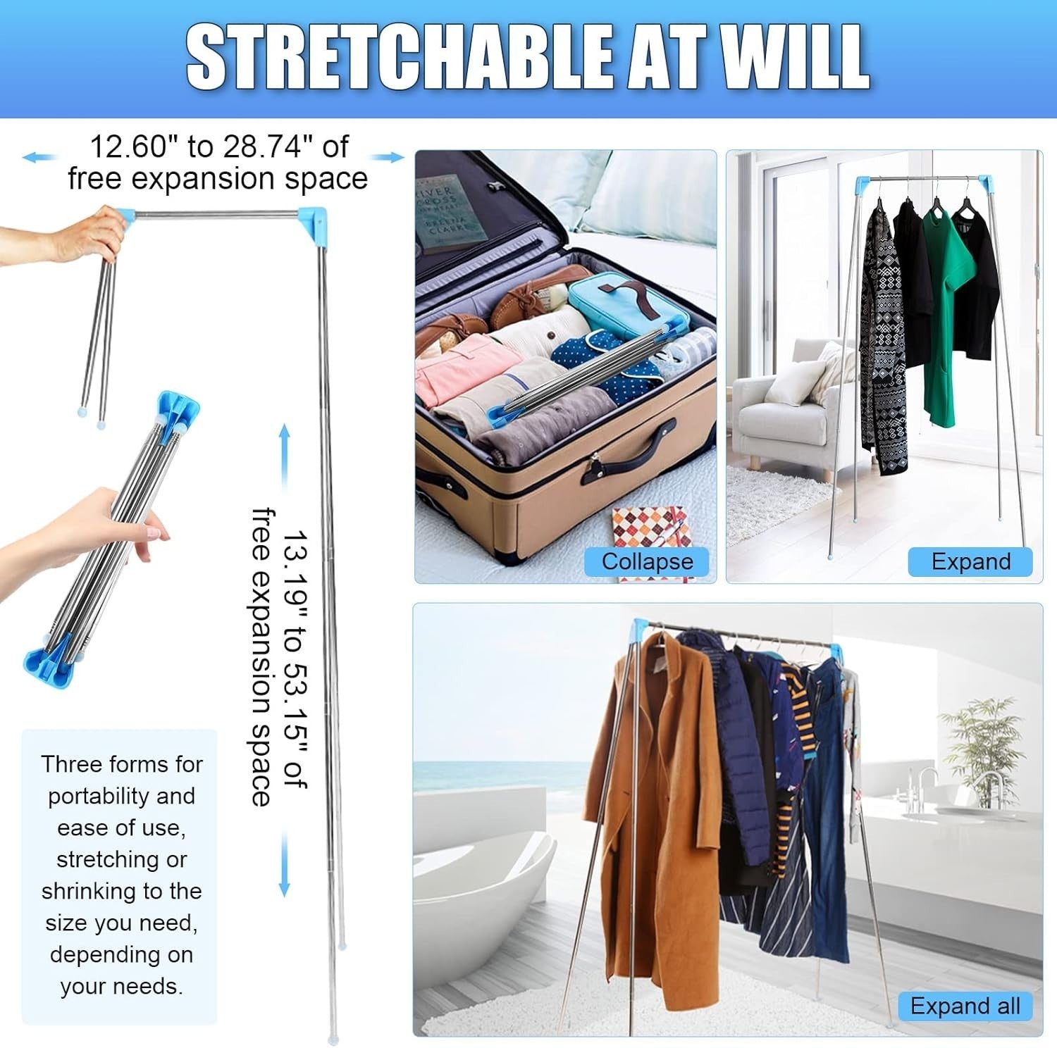 Portable Travel Clothes Rack Retractable Foldable Blue Stainless