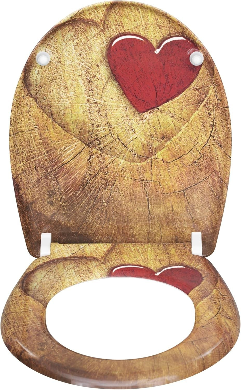 Soft Close O-Shaped Toilet Seat Quick Release Duroplast Rustic Wood Heart Print