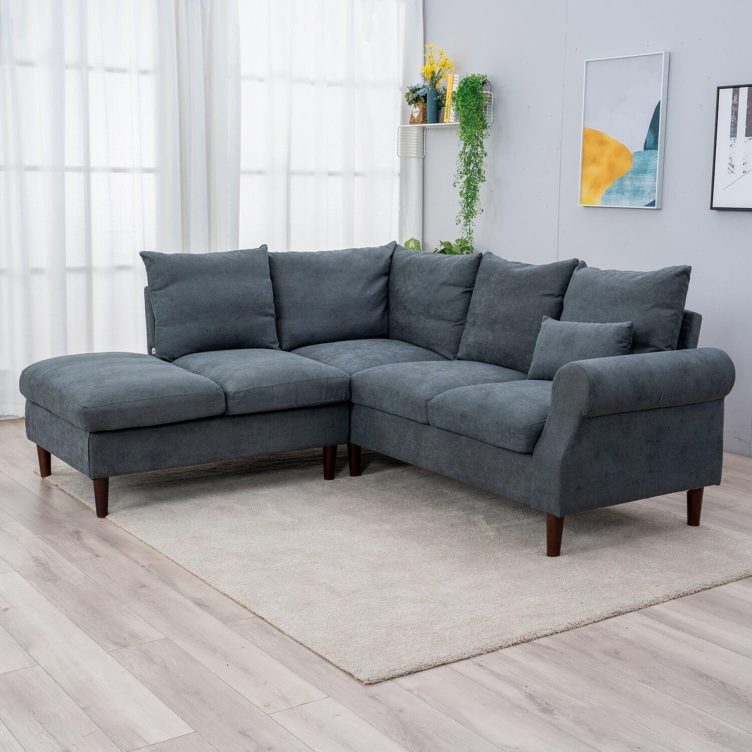5 Seater Corner Sofa with Chaise & USB Charging Port – Grey Linen, 200x195cm
