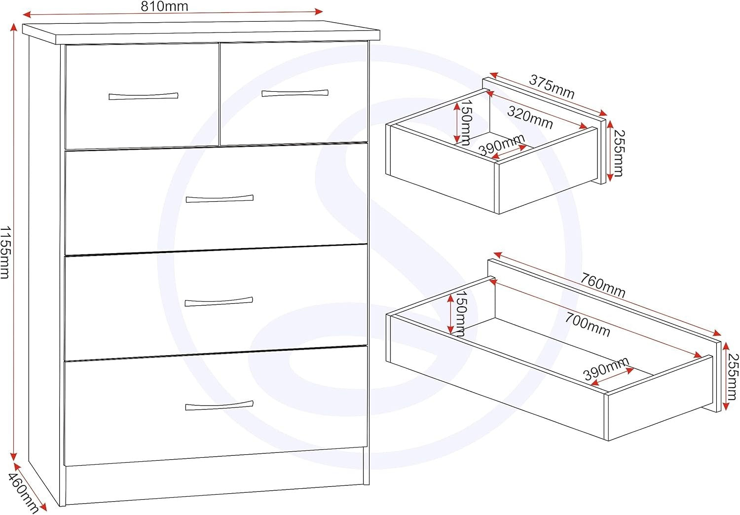 White Gloss 3+2 Chest of Drawers with Metal Handles for Bedroom Storage