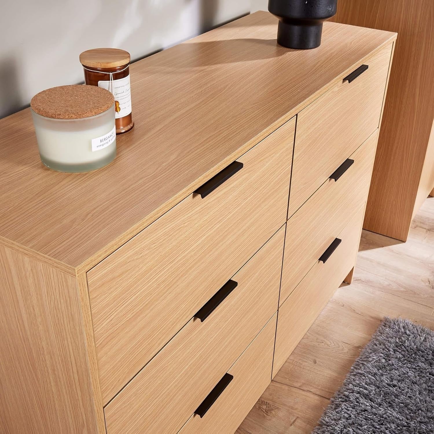 Oak 6 Drawer Chest of Drawers Storage Cabinet Wide Modern Bedroom Unit