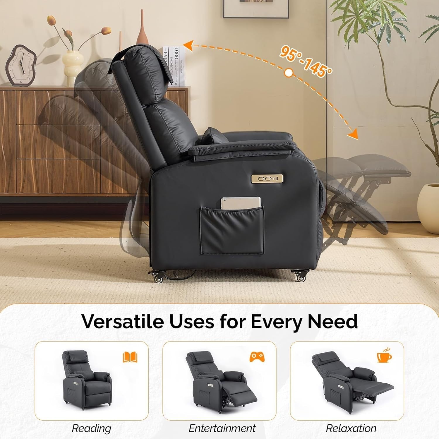 Electric Recliner Chair w/ Wheels Massage Heat High Back Footrest Leather Black