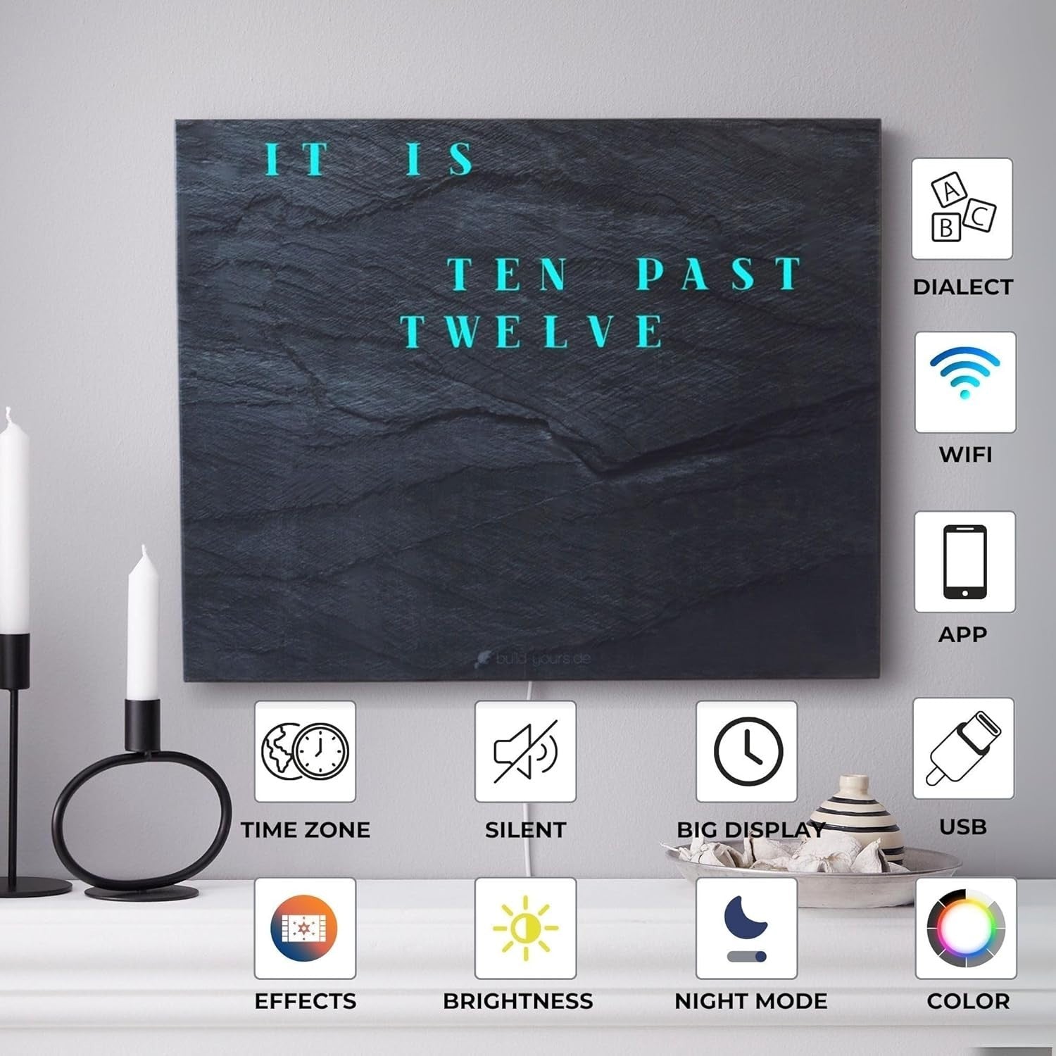 Modern LED Word Clock Wall Art - Digital Time Display, App Control, Silent