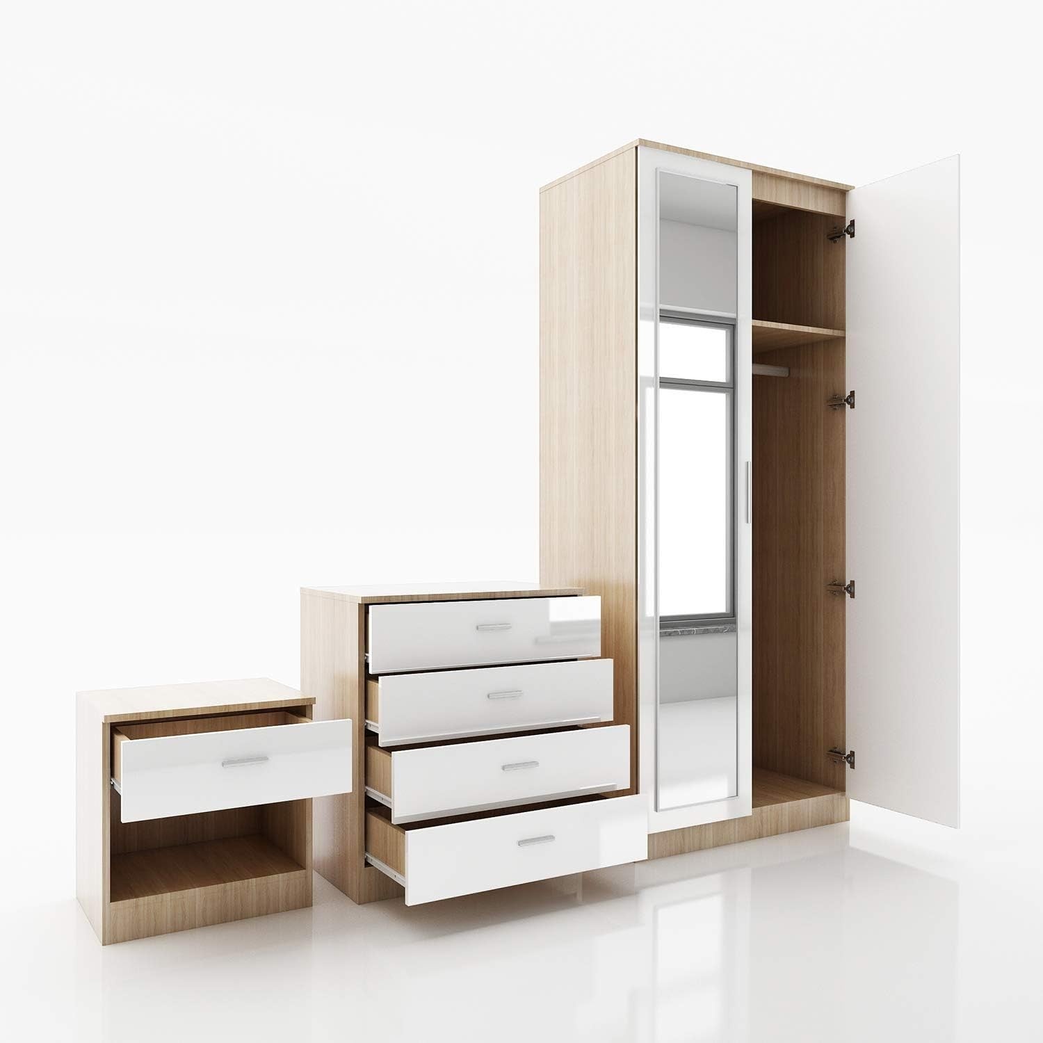 2 Door Mirrored Wardrobe High Gloss White Oak Bedroom Storage Unit