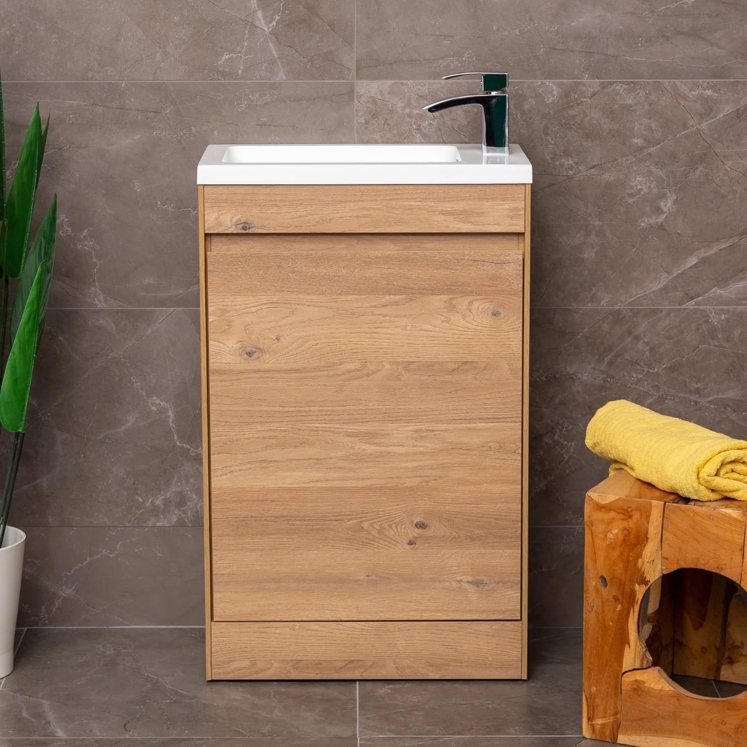 550mm Natural Oak Floor Standing Vanity Unit with Polymarble Basin & Soft Close