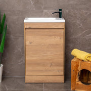 550mm Natural Oak Floor Standing Vanity Unit with Polymarble Basin & Soft Close