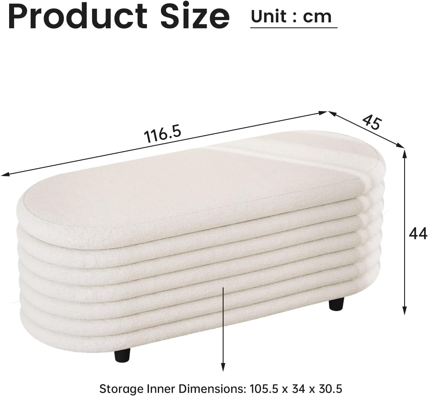 Miuuod Oval Storage Ottoman Bench 116.5cm Sherpa Fabric Cream White