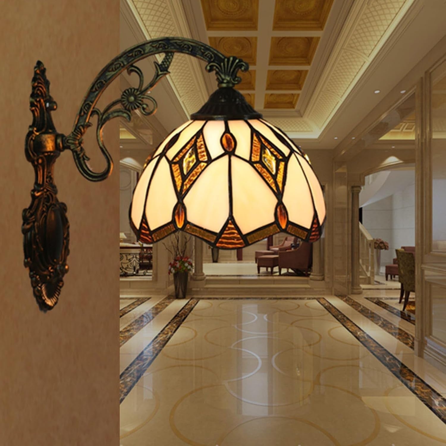 Vintage Tiffany Style Wall Sconce, 8in Stained Glass Lamp for Indoor Use