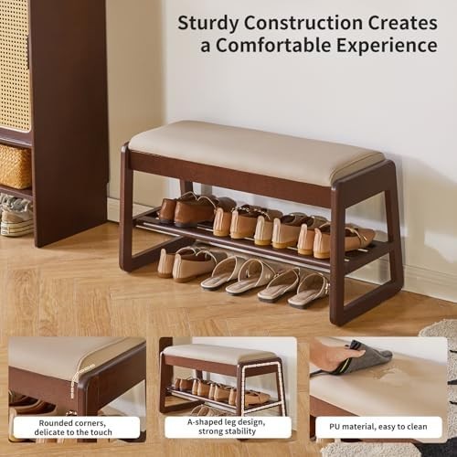 2-Tier Flip-Top Shoe Storage Bench with Cushion – Walnut 31.5in