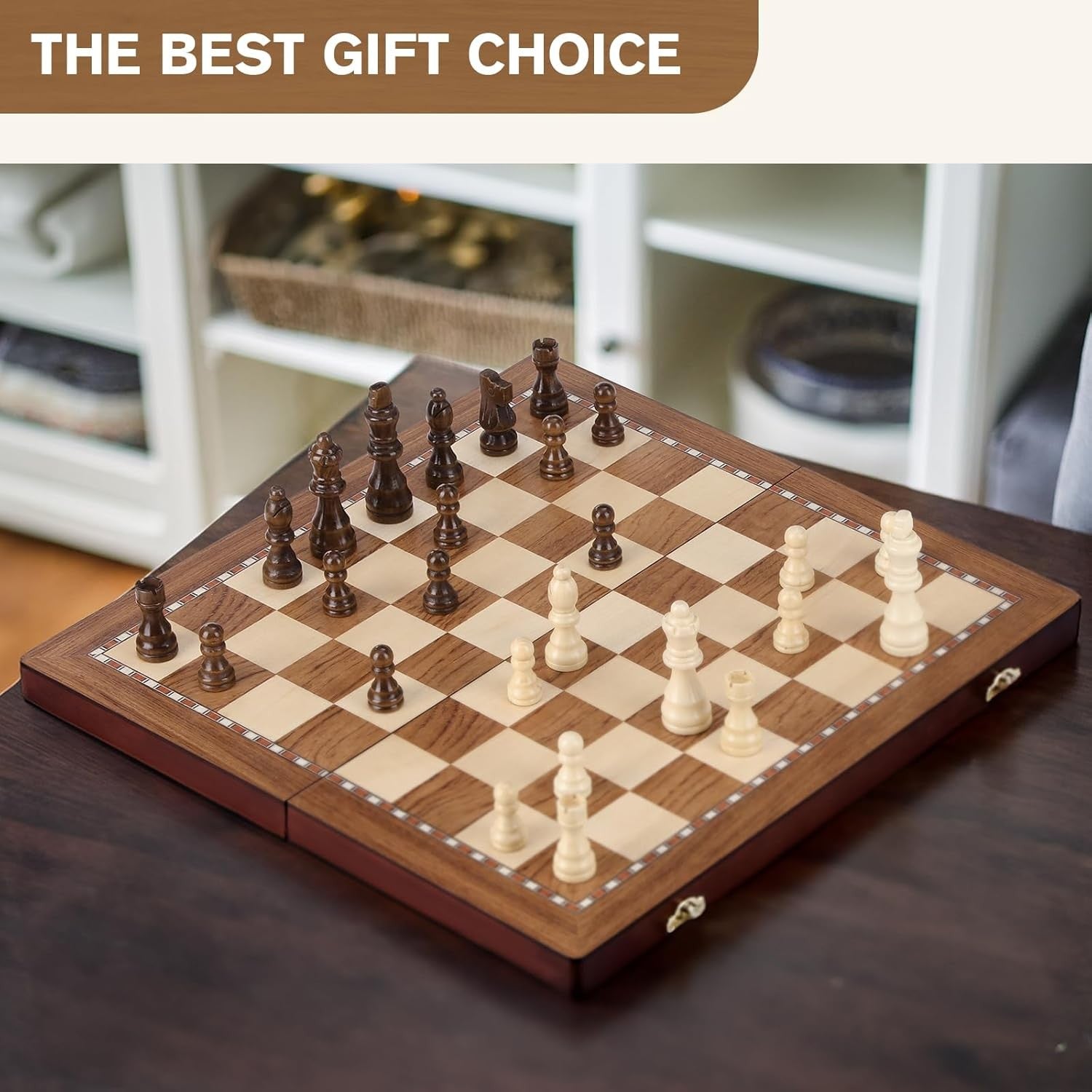 38cm Magnetic Wooden Folding Chess Set with Extra Queens & Storage Box