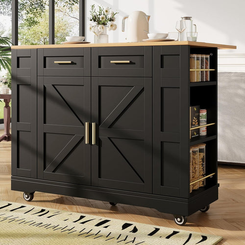 Black Kitchen Island Trolley on Wheels w/ Foldable Top & Storage Drawers