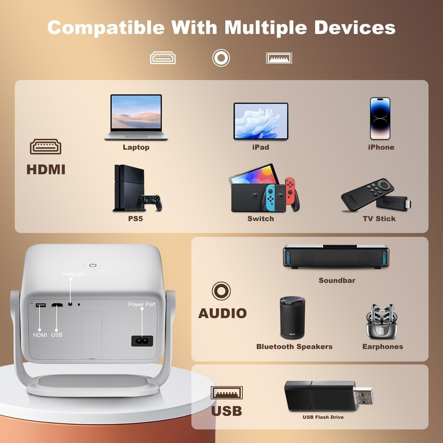 Smart 1080P Projector 4K WiFi 6 Bluetooth Netflix Auto Focus 120°