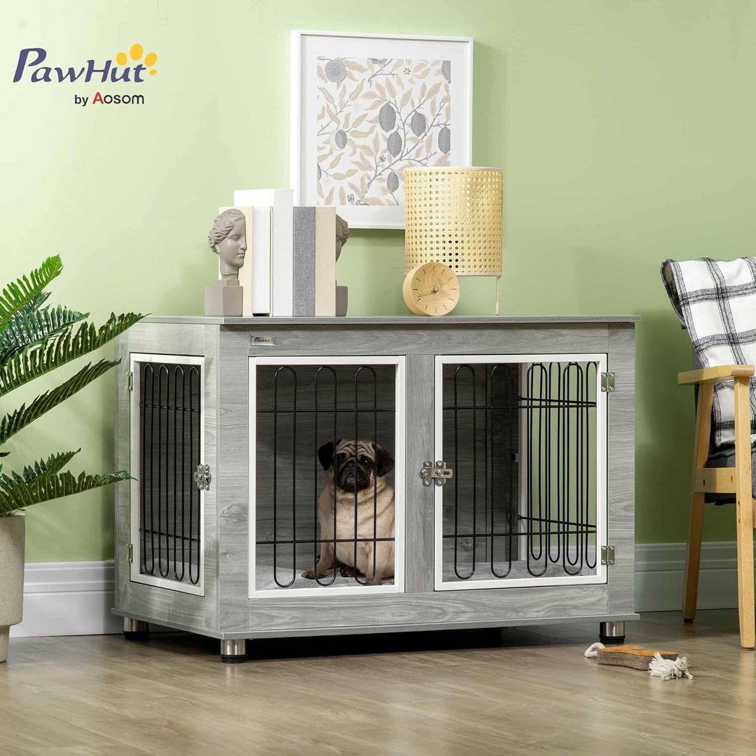 Indoor Dog Crate Furniture with Cushion | Side Table Style, Double Doors, 90cm