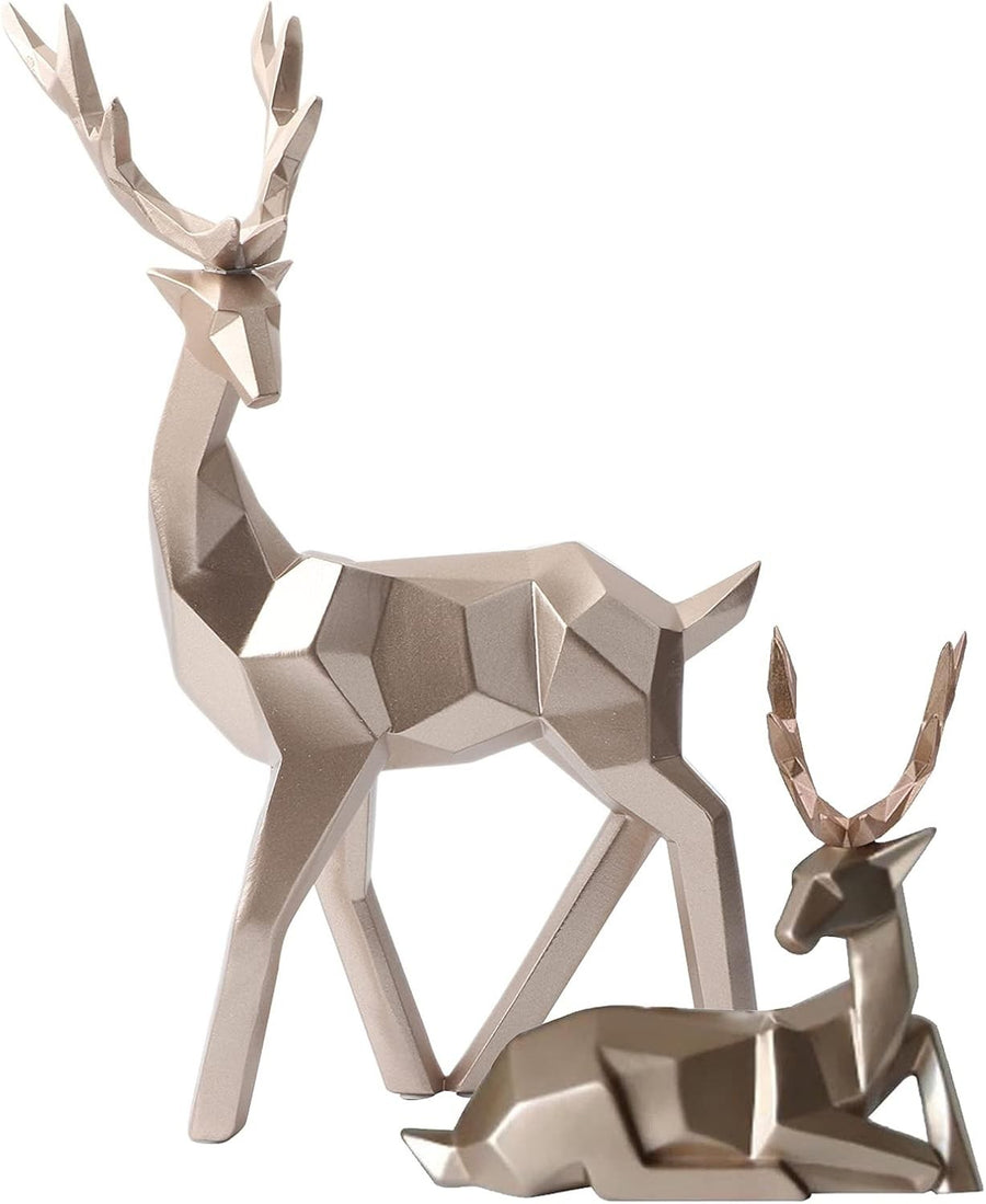 Gold Resin Deer Ornaments Set of 2 • Modern Stag & Reindeer Sculptures Decor