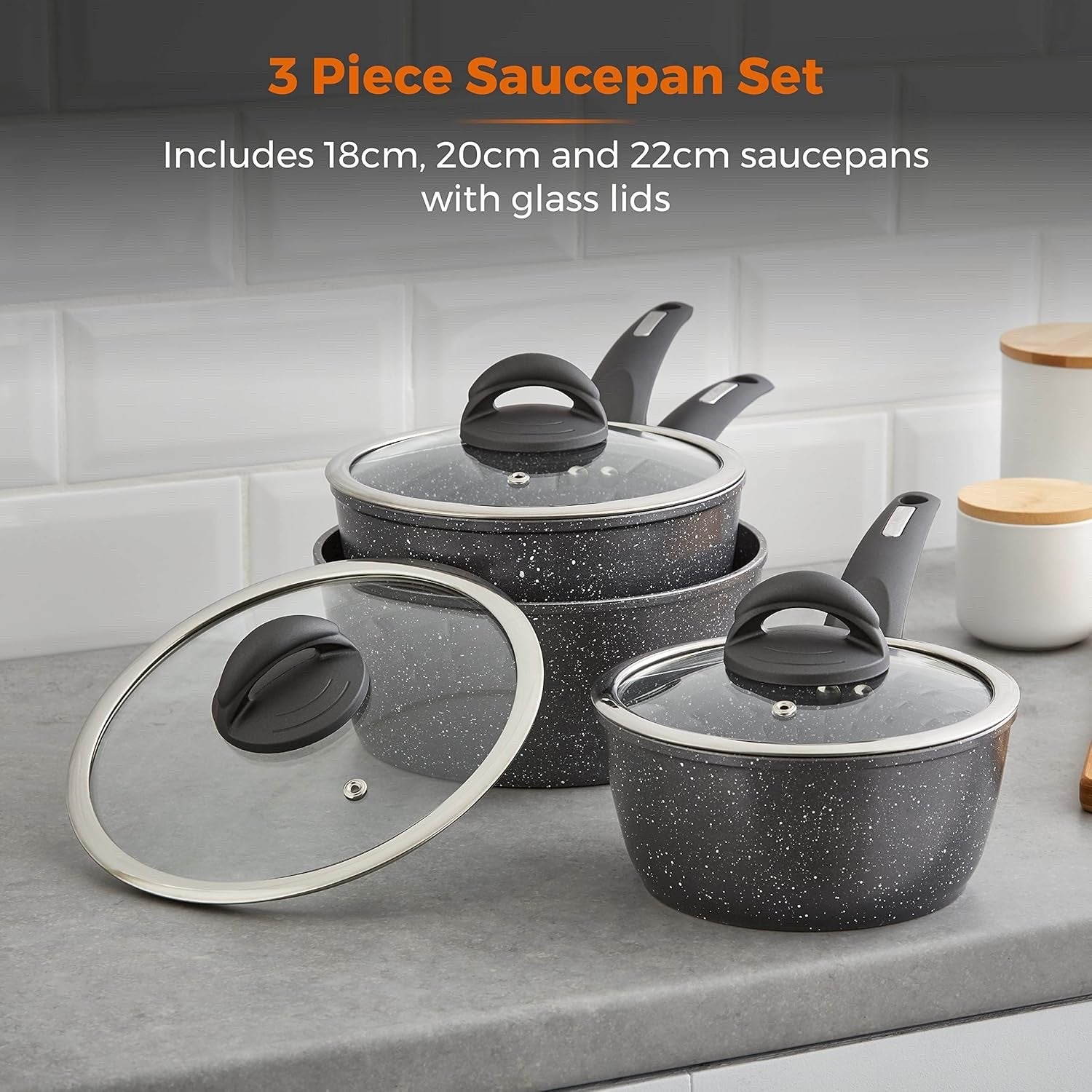 3pcs Graphite Non Stick Induction Saucepan Set 18/20/22cm with Glass Lids