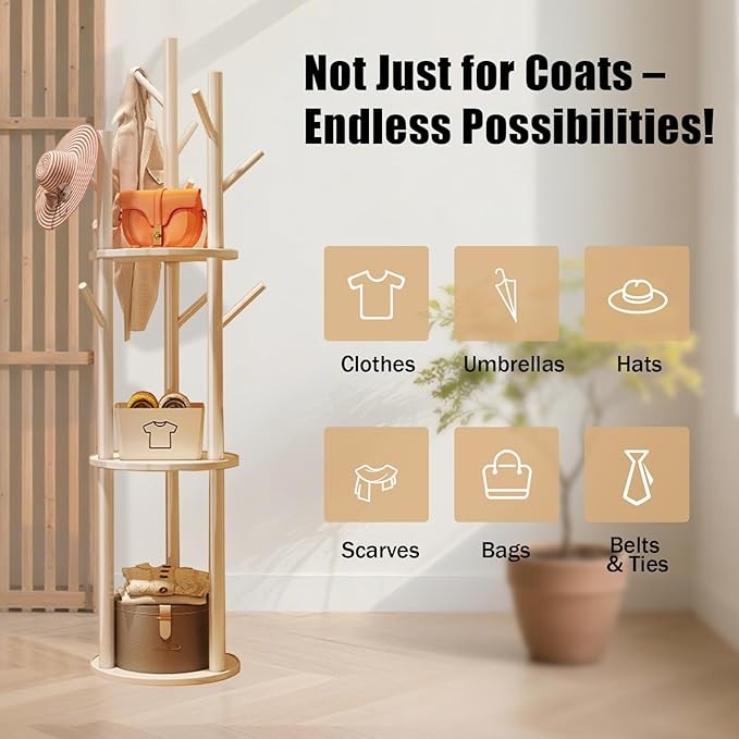 White Wood Freestanding Coat Rack | 3 Shelves 9 Hooks Hall Tree Stand for Coats