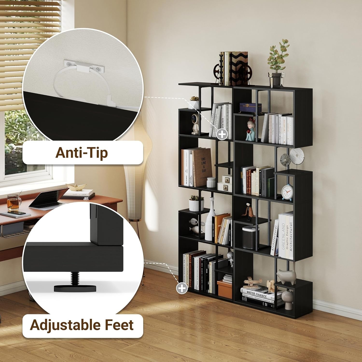 Black 4-Tier Slim Bookcase Room Divider, Modern Asymmetric Display Shelf