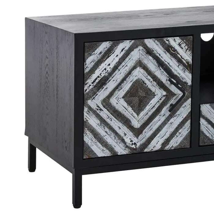 Black Geometric TV Unit Cabinet | Modern Boho Media Stand w/ Storage