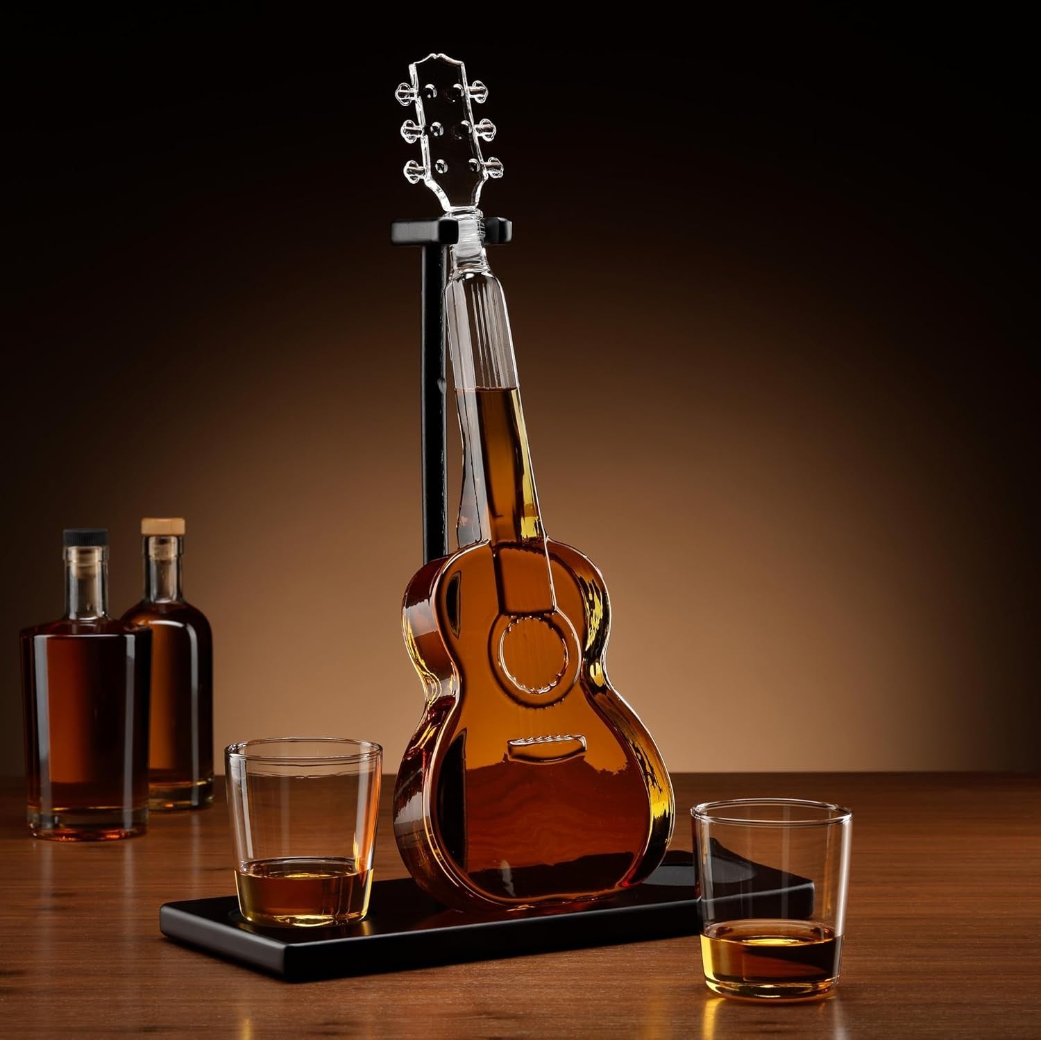 Guitar Shape Whiskey Decanter Set 1L with Glasses & Wood Stand | Music Lover Gif