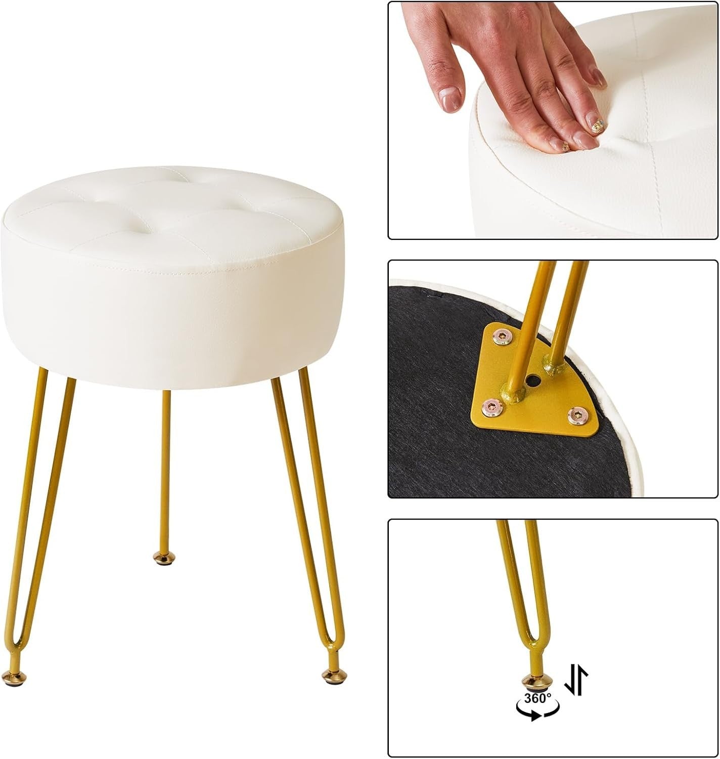 White PU Round Footrest Stool – Velvet-Look Vanity Seat with Gold Legs