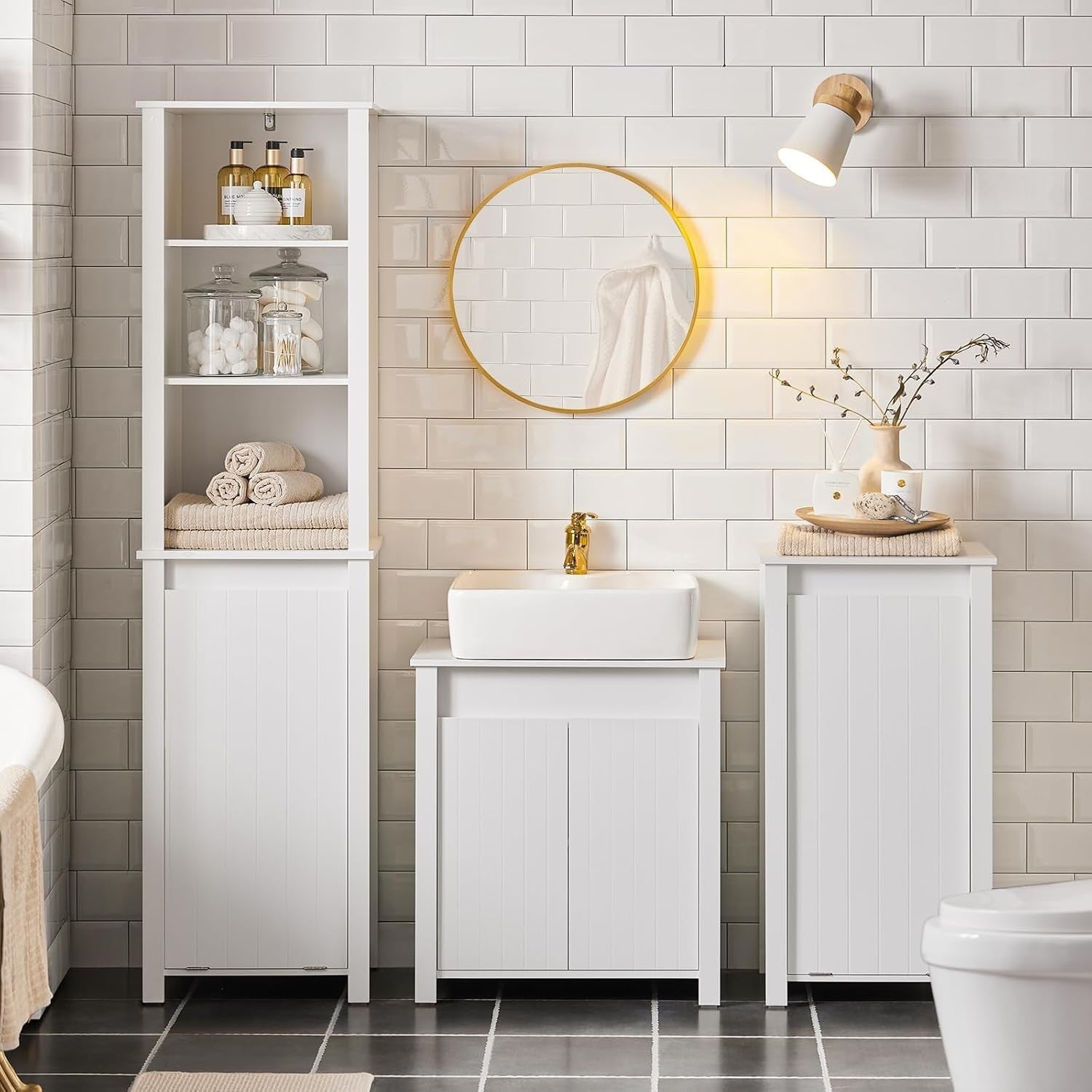 Bathroom Laundry Cabinet with Fold Out Basket Slim White Space Saving