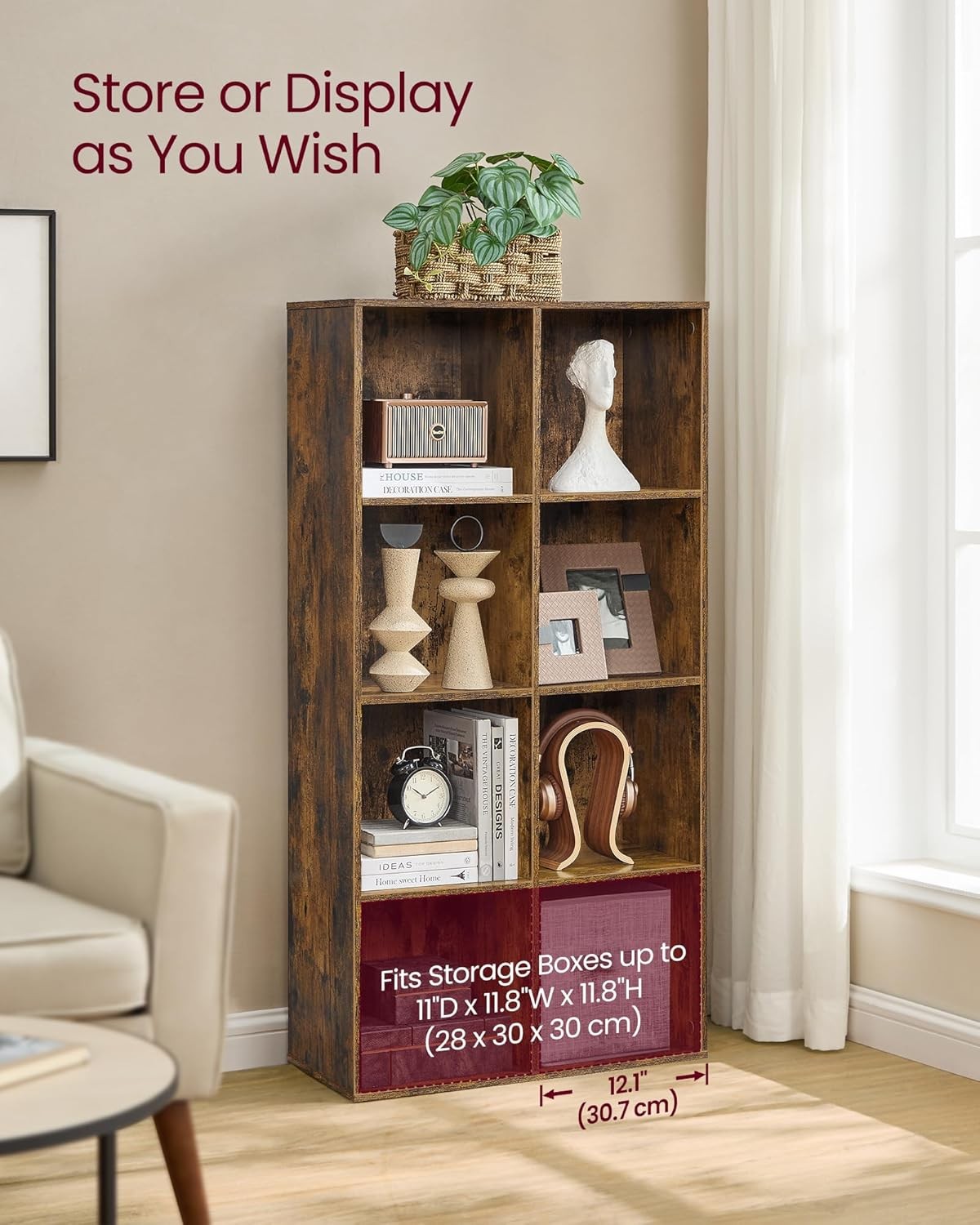 8-Cube Rustic Bookcase | Tall Storage Shelf for Living Room Office Bedroom