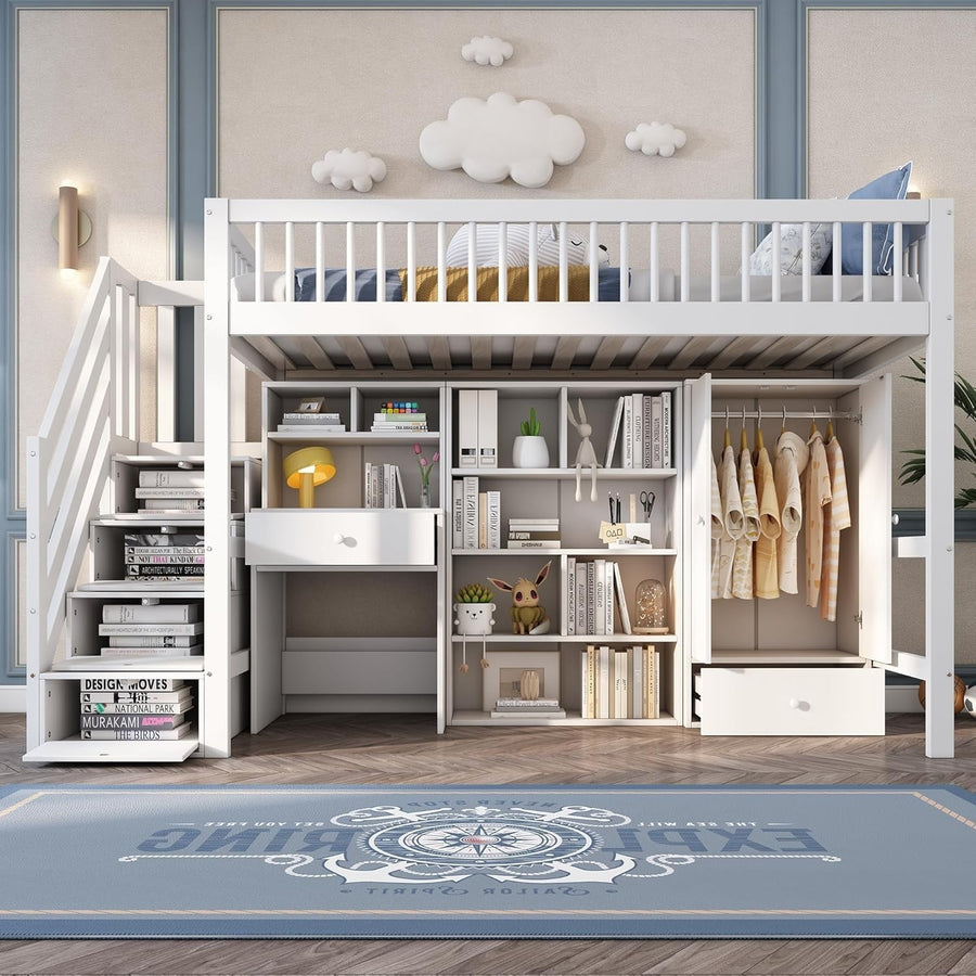 Loft Kids Bed w/ Desk Wardrobe Storage Drawers Stairs 90x190cm White