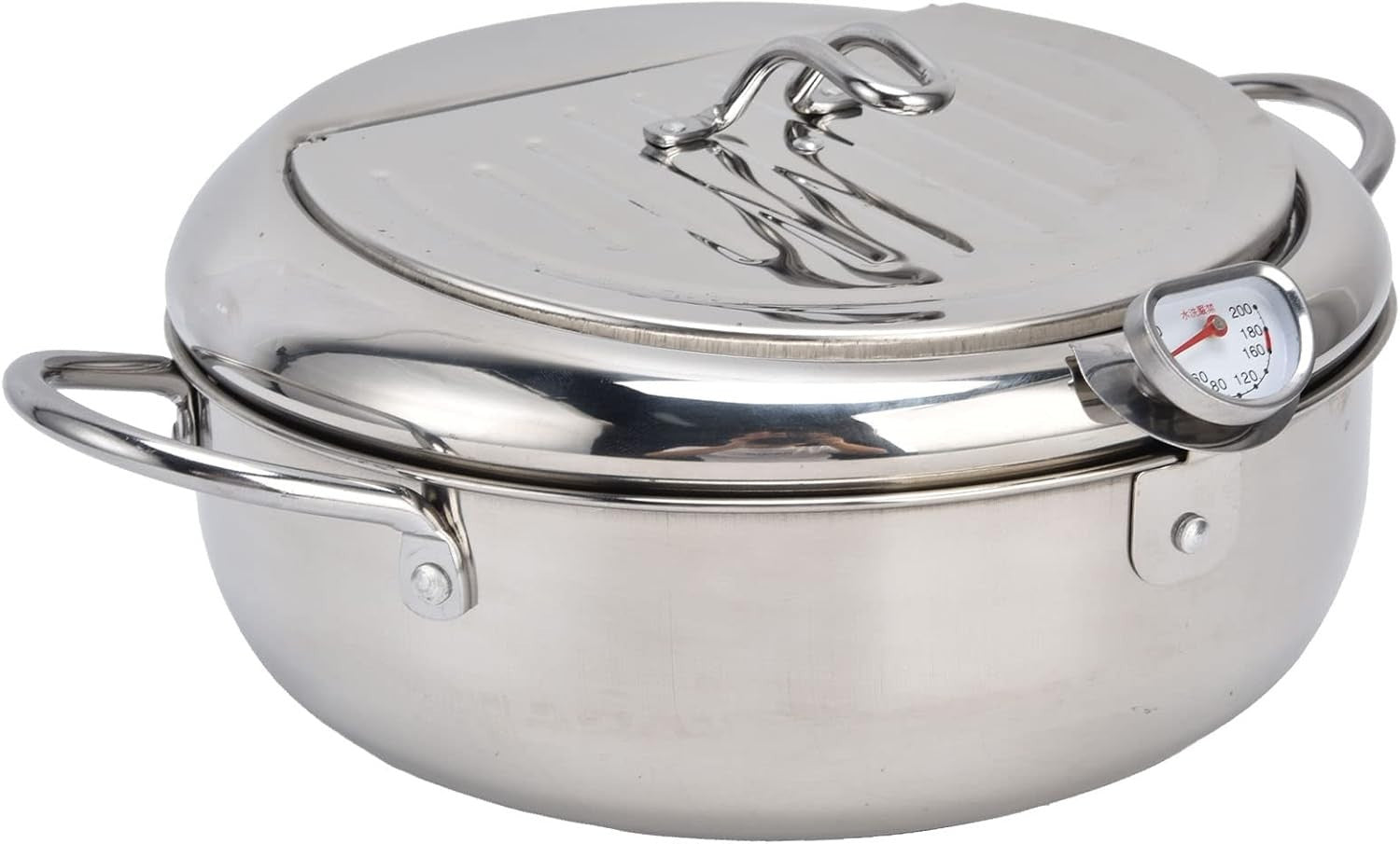 Stainless Steel Tempura Fryer Pot w Thermometer Lid Oil Drip Rack