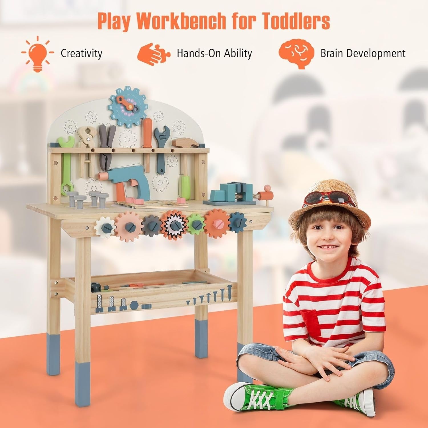Wooden Workbench Tool Bench Set w/ Tools Accessories Magnetic Rack 60x30