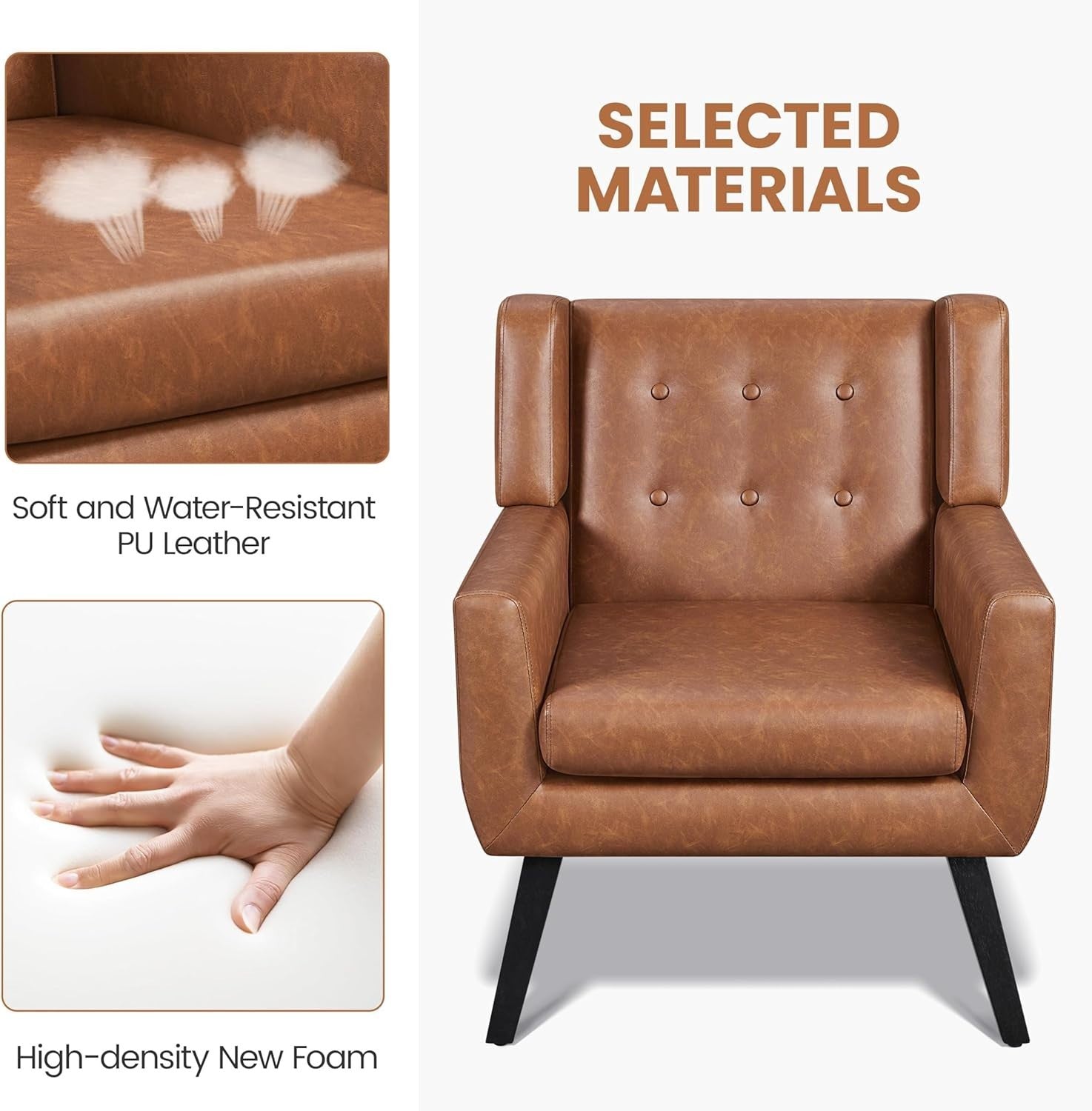 Retro Brown Tufted Armchair with Thick PU Cushion & Sturdy Wood Legs