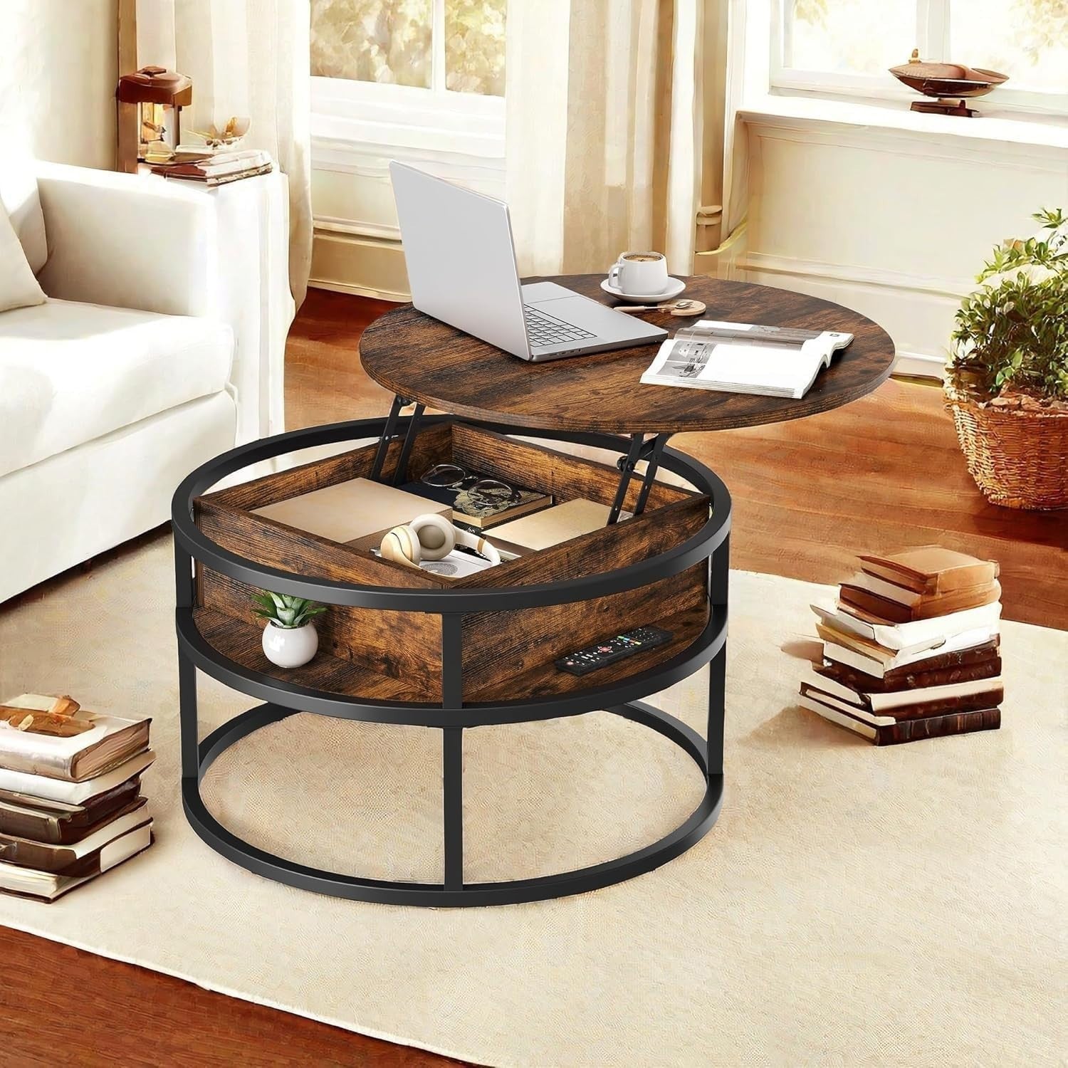 Lift Top Coffee Table Round 80x80x47cm with Hidden Storage Brown Wood