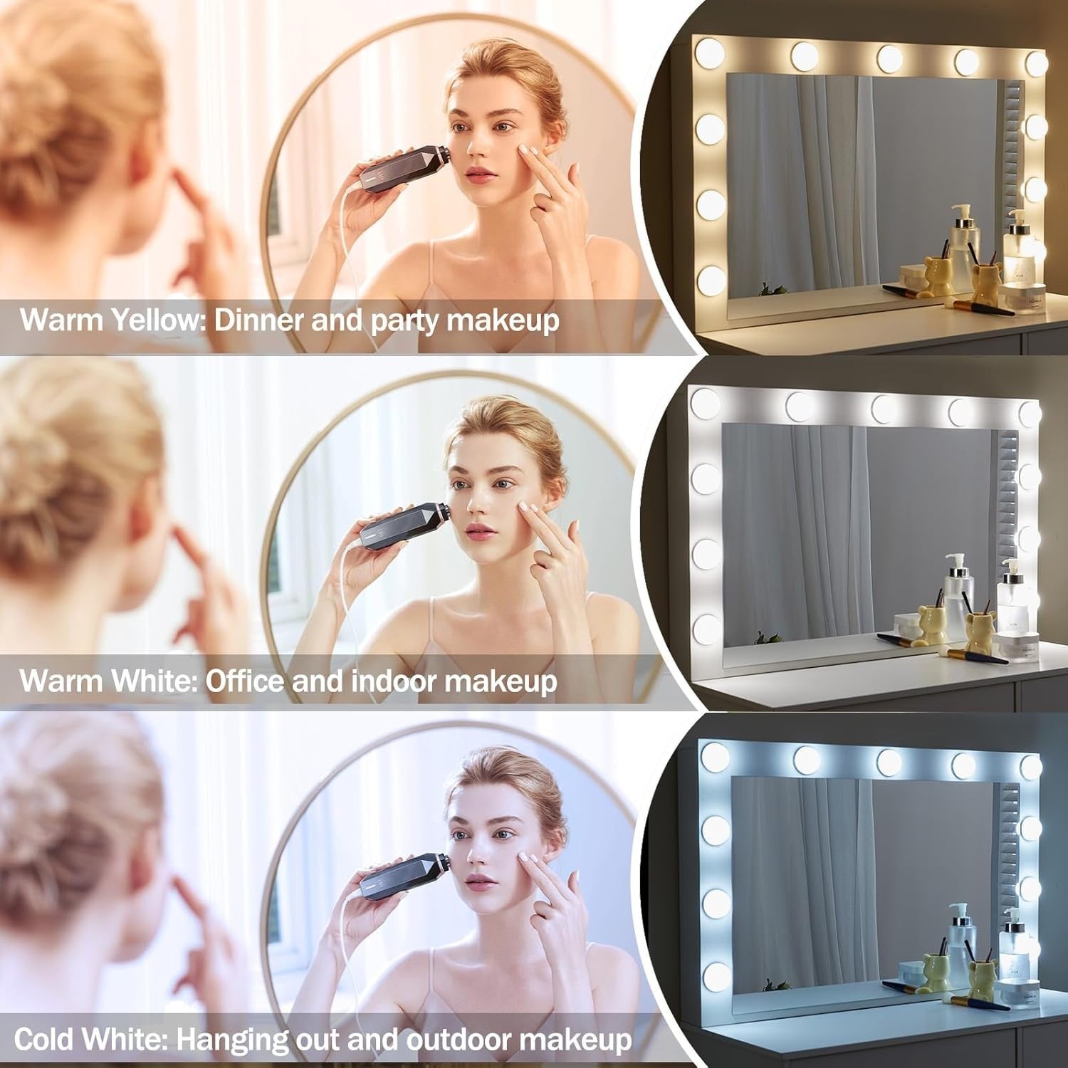White Modern Vanity Desk Makeup Table Set w/ 10 LED Light Mirror & 3 Drawers (Ma