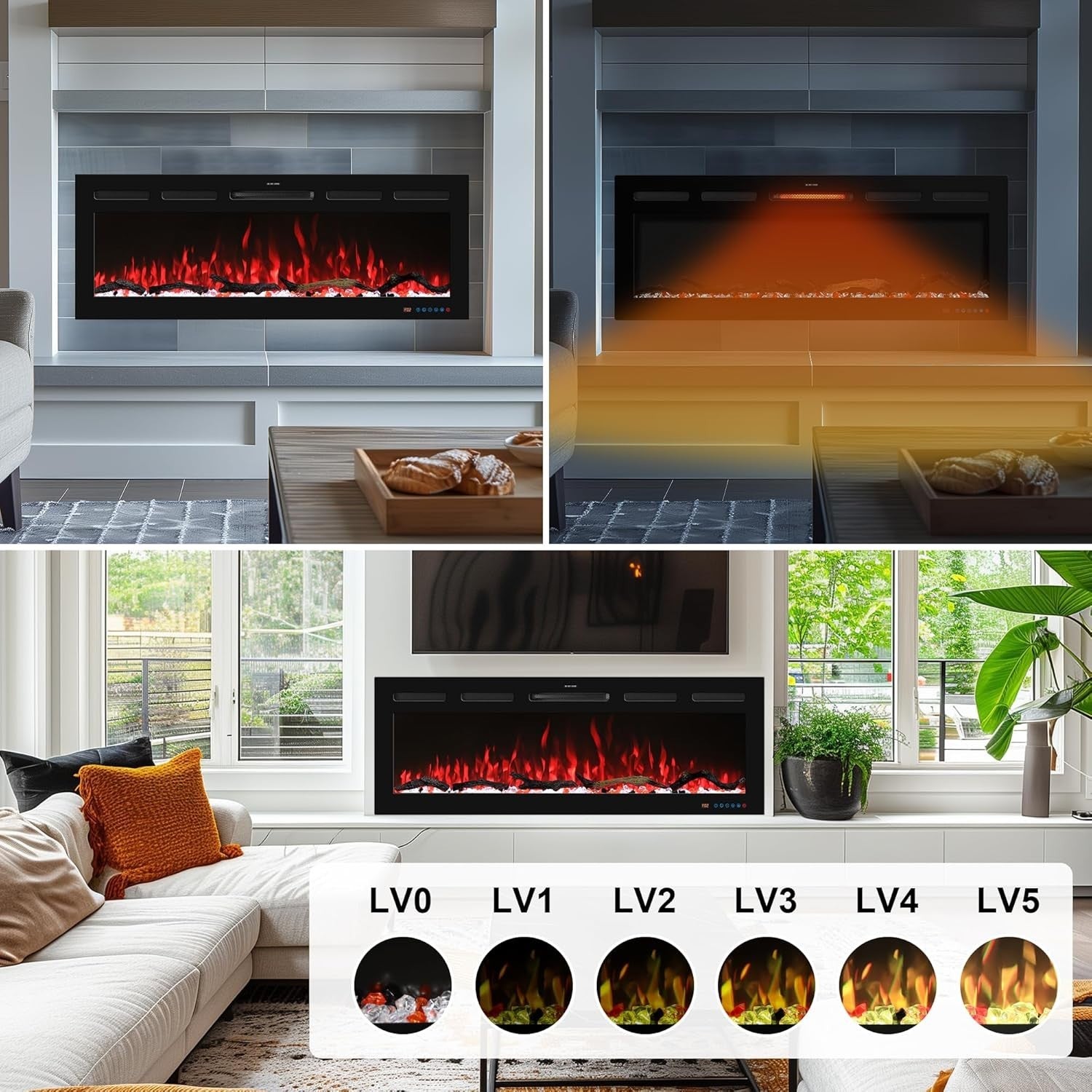 60" Smart Electric Wall Mount Fireplace LED Heater Remote Control Flames